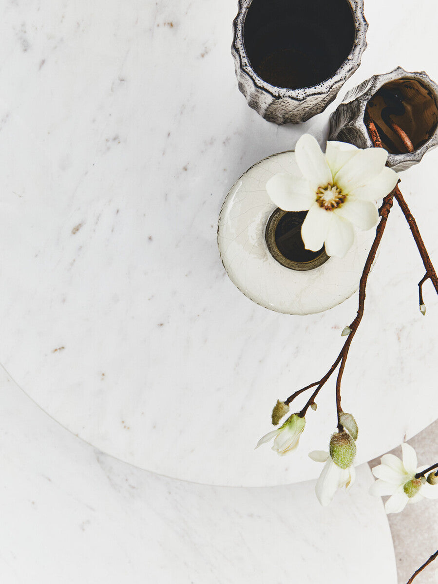 White Marble Top Round Side Table with Sustainable Acacia Wood Base, Myan