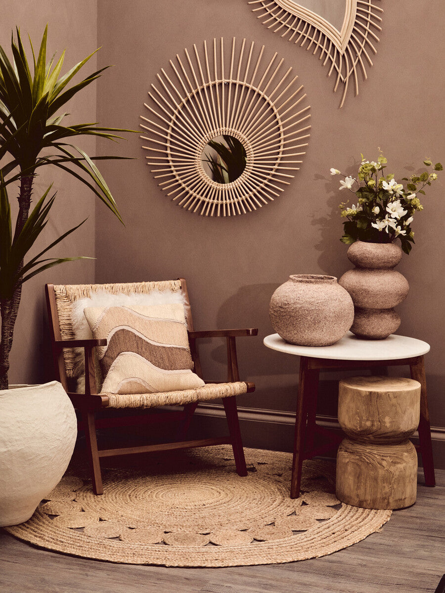 White Marble Top Round Side Table with Sustainable Acacia Wood Base | Myan