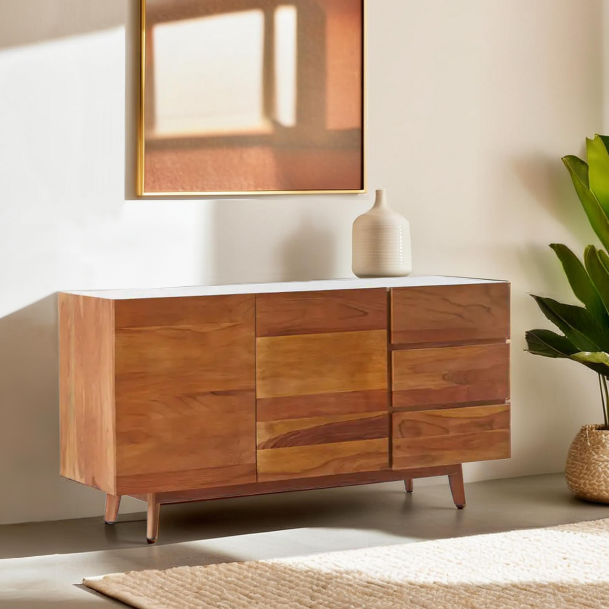 Myan 3 Drawer Acacia Wood White Marble Sideboard