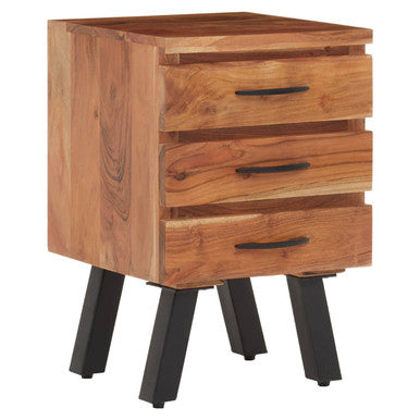 Natural Acacia Wood 3-Drawer Side Table with Black Metallic Legs and Handles, Nashik
