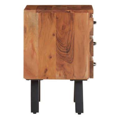 Natural Acacia Wood 3-Drawer Side Table with Black Metallic Legs and Handles, Nashik