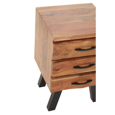 Natural Acacia Wood 3-Drawer Side Table with Black Metallic Legs and Handles, Nashik