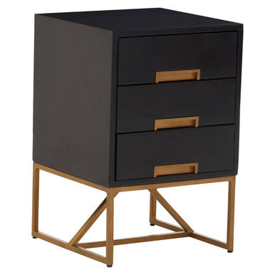 Black Mango Wood 3-Drawer Side Table with Gold Iron Legs and Handles, Kochi