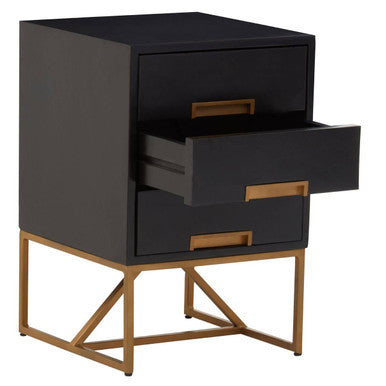 Black Mango Wood 3-Drawer Side Table with Gold Iron Legs and Handles, Kochi