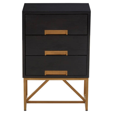 Black Mango Wood 3-Drawer Side Table with Gold Iron Legs and Handles, Kochi