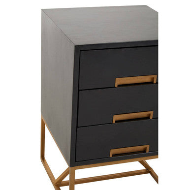 Black Mango Wood 3-Drawer Side Table with Gold Iron Legs and Handles, Kochi