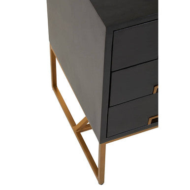 Black Mango Wood 3-Drawer Side Table with Gold Iron Legs and Handles, Kochi