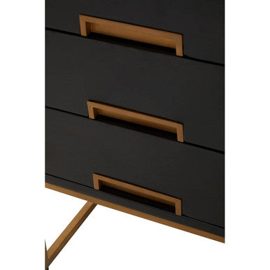Black Mango Wood 3-Drawer Side Table with Gold Iron Legs and Handles, Kochi