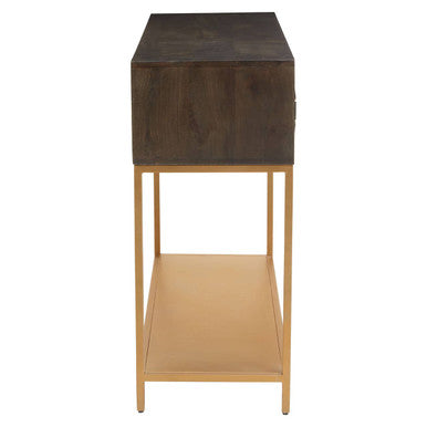Grey Mango Wood 2-Drawer Console Table with Gold Finish Iron Frame and Lower Shelf, Patna
