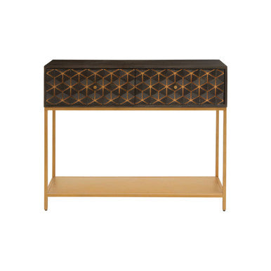Grey Mango Wood 2-Drawer Console Table with Gold Finish Iron Frame and Lower Shelf, Patna