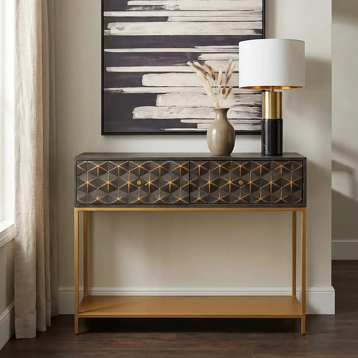 Grey Mango Wood 2-Drawer Console Table with Gold Finish Iron Frame and Lower Shelf, Patna