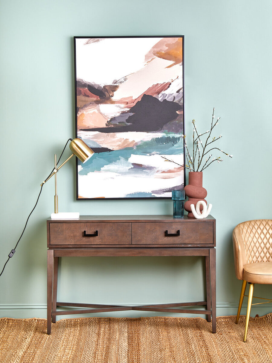 Antique Grey 2-Drawer Console Table with Black Metal Rectangular Handles, Dimaro