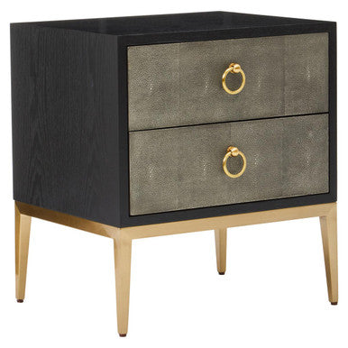Grey Shagreen Effect 2-Drawer Side Table with Black Top and Gold Metal Legs, Deruta