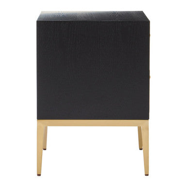 Grey Shagreen Effect 2-Drawer Side Table with Black Top and Gold Metal Legs, Deruta