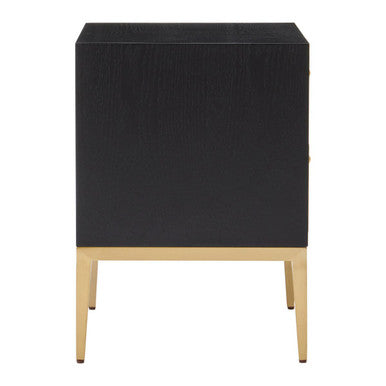 Grey Shagreen Effect 2-Drawer Side Table with Black Top and Gold Metal Legs, Deruta