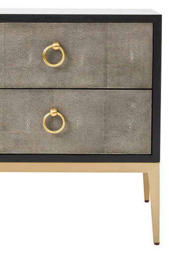 Grey Shagreen Effect 2-Drawer Side Table with Black Top and Gold Metal Legs, Deruta