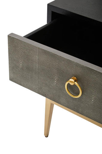 Grey Shagreen Effect 2-Drawer Side Table with Black Top and Gold Metal Legs, Deruta