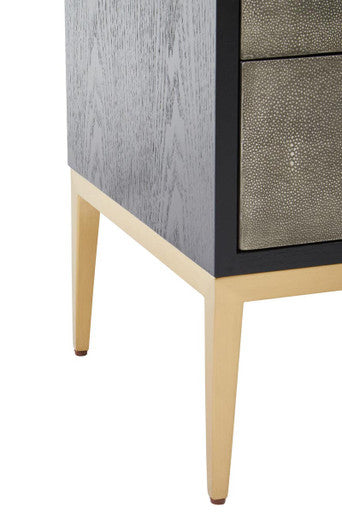 Grey Shagreen Effect 2-Drawer Side Table with Black Top and Gold Metal Legs, Deruta