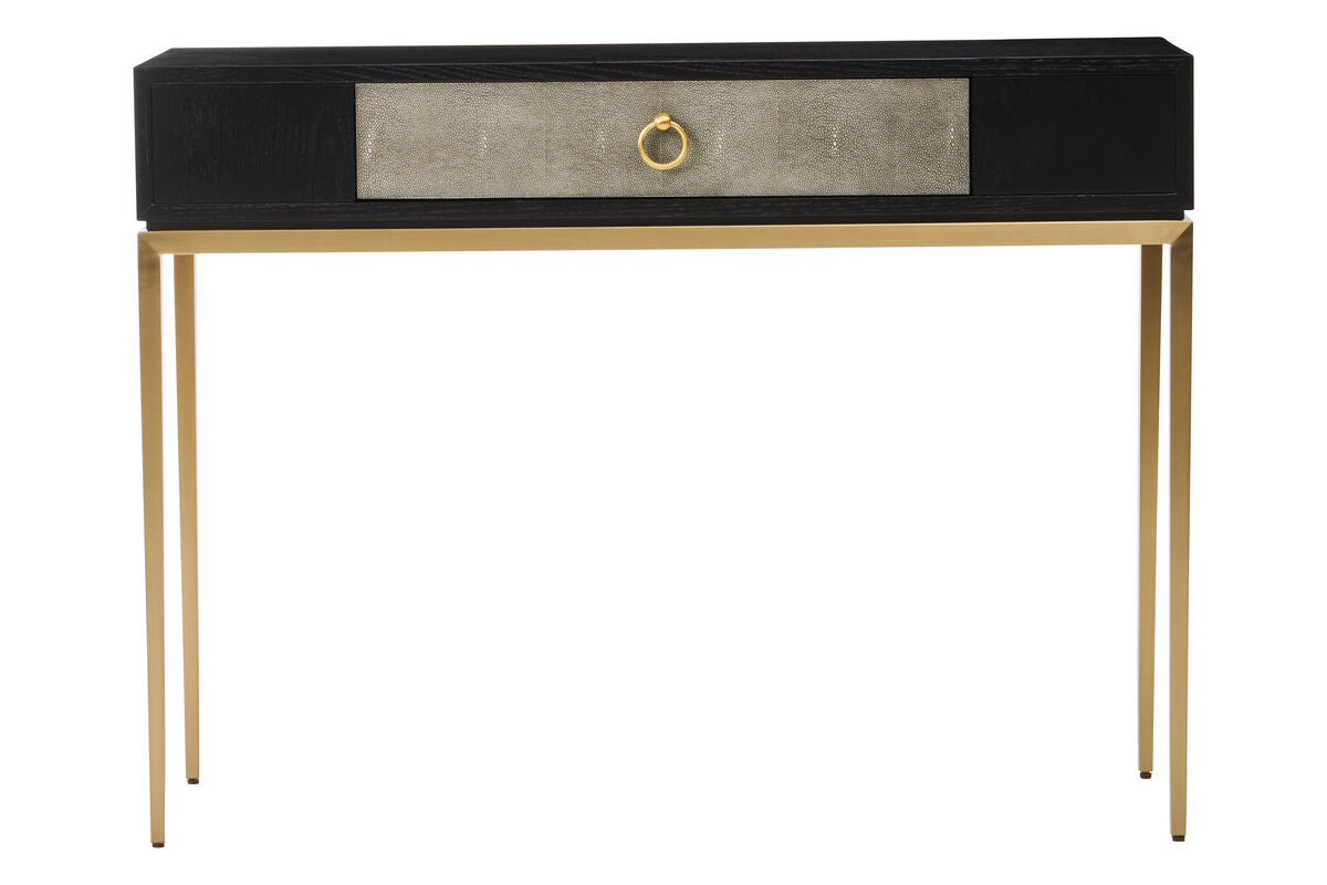 Black Top and Grey Shagreen Effect 1-Drawer Console Table with Gold Metal Legs, Deruta