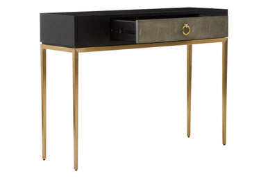 Black Top and Grey Shagreen Effect 1-Drawer Console Table with Gold Metal Legs, Deruta