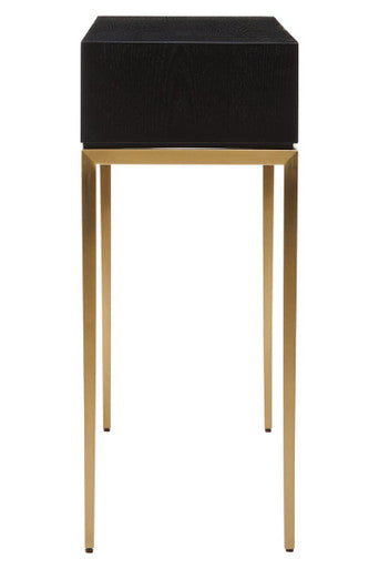 Black Top and Grey Shagreen Effect 1-Drawer Console Table with Gold Metal Legs, Deruta