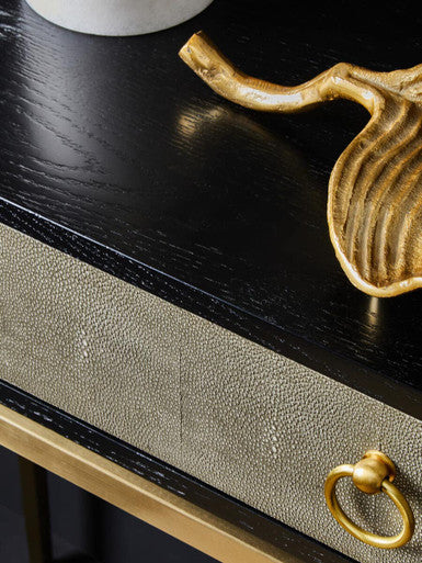 Black Top and Grey Shagreen Effect 1-Drawer Console Table with Gold Metal Legs, Deruta