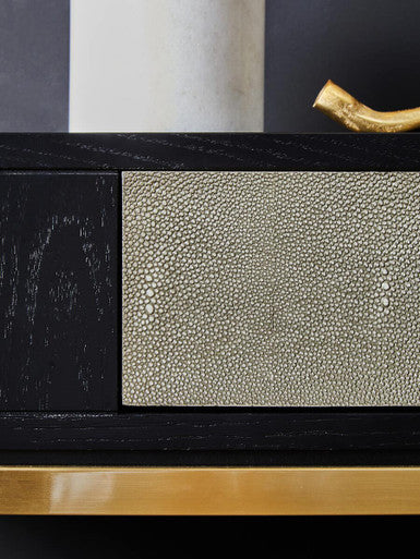 Black Top and Grey Shagreen Effect 1-Drawer Console Table with Gold Metal Legs, Deruta