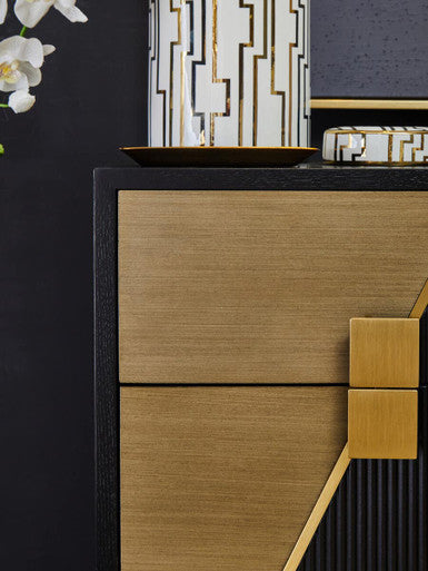 Black Fluted and Natural Grain Diagonal Front 2-Drawer Side Table with Gold Handles, Davoli