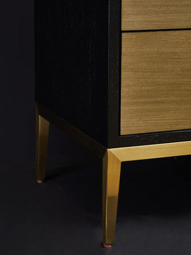 Black Fluted and Natural Grain Diagonal Front 2-Drawer Side Table with Gold Handles, Davoli
