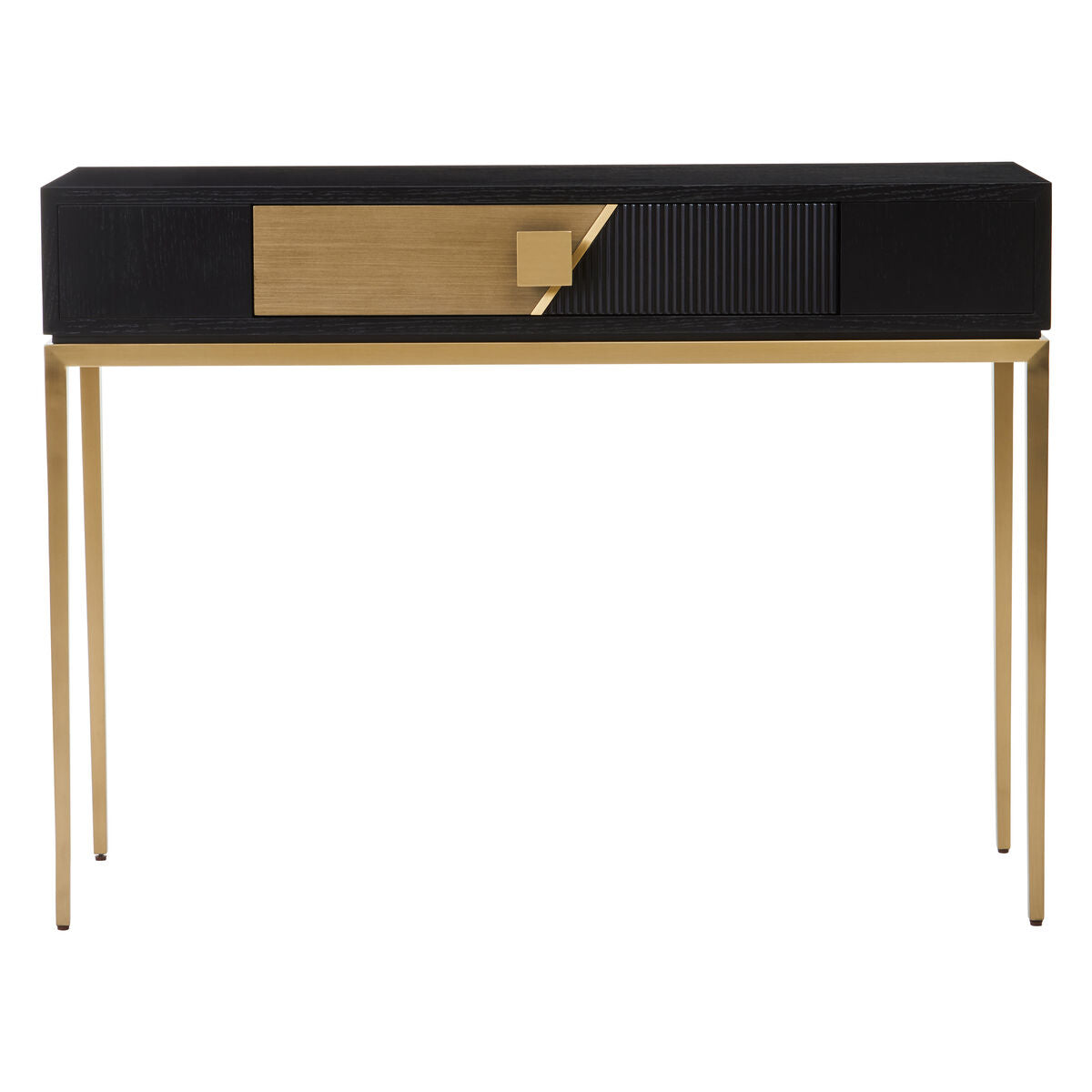 Two-Tone Black Fluted and Grained Console Table with Gold Metal Base and 1 Drawer | Davoli