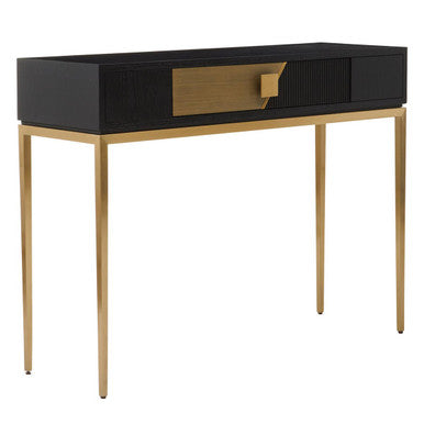 Two-Tone Black Fluted and Grained Console Table with Gold Metal Base and 1 Drawer | Davoli