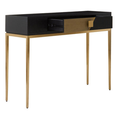 Two-Tone Black Fluted and Grained Console Table with Gold Metal Base and 1 Drawer | Davoli