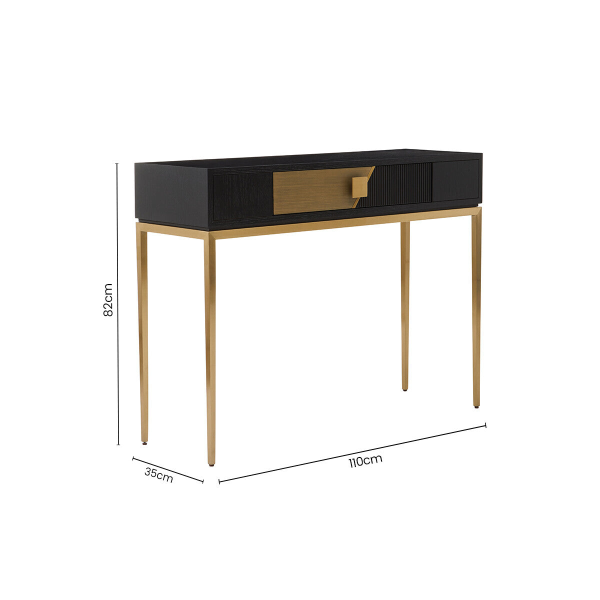 Two-Tone Black Fluted and Grained Console Table with Gold Metal Base and 1 Drawer, Davoli
