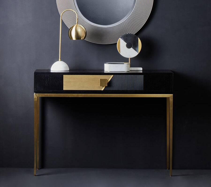 Two-Tone Black Fluted and Grained Console Table with Gold Metal Base and 1 Drawer | Davoli