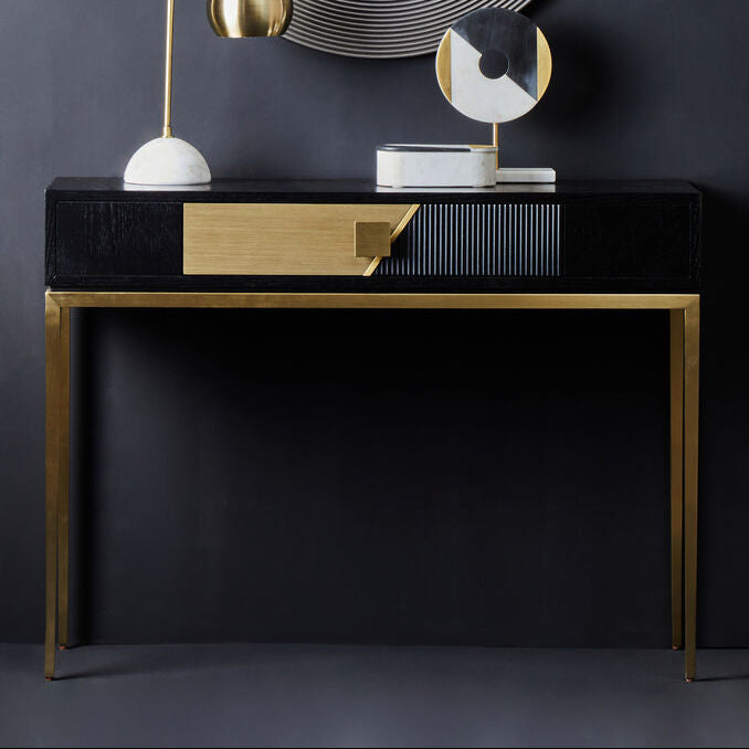 Two-Tone Black Fluted and Grained Console Table with Gold Metal Base and 1 Drawer | Davoli