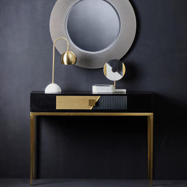 Two-Tone Black Fluted and Grained Console Table with Gold Metal Base and 1 Drawer, Davoli