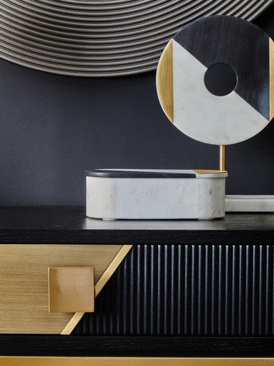 Two-Tone Black Fluted and Grained Console Table with Gold Metal Base and 1 Drawer, Davoli