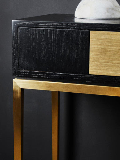 Two-Tone Black Fluted and Grained Console Table with Gold Metal Base and 1 Drawer, Davoli