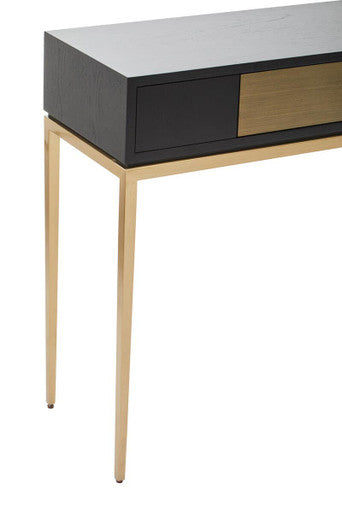 Two-Tone Black Fluted and Grained Console Table with Gold Metal Base and 1 Drawer | Davoli