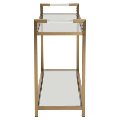 Matte Gold Stainless Steel Console Table with Clear Glass Top and Shelf, Vogue