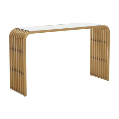 Matte Gold Slatted Console Table with Clear Glass Top, Vogue