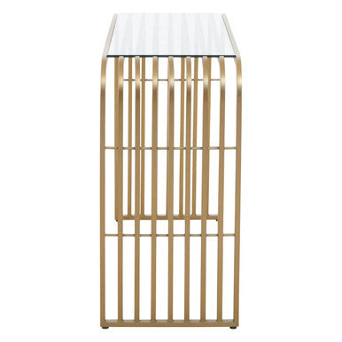 Matte Gold Slatted Console Table with Clear Glass Top, Vogue