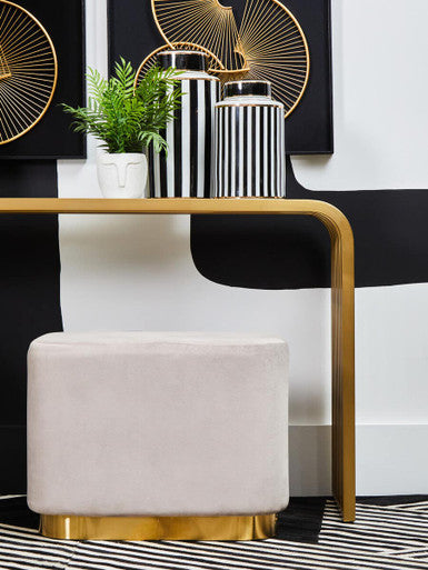 Matte Gold Slatted Console Table with Clear Glass Top, Vogue