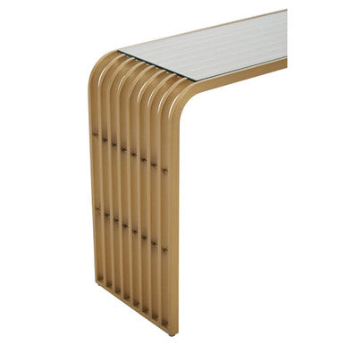 Matte Gold Slatted Console Table with Clear Glass Top, Vogue