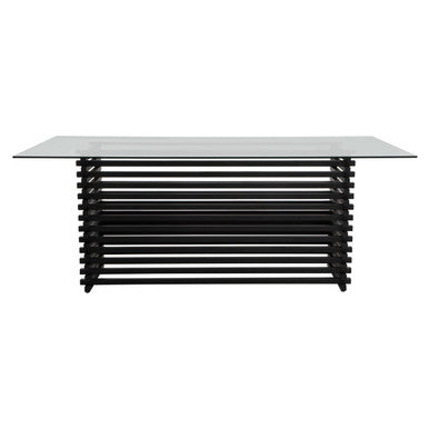 Matte Black Stainless Steel and Clear Glass Rectangular Dining Table with Storage, Vogue