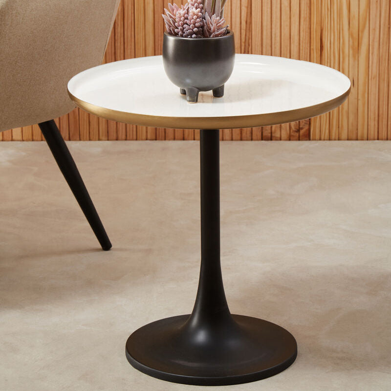 White Enamel Top Round Side Table with Matte Black Base, Corra