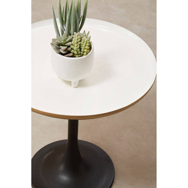 White Enamel Top Round Side Table with Matte Black Base, Corra