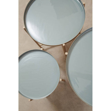 Set of 3 Grey Enamel Top Nesting Side Tables with Gold Finish X-Base Legs, Corra