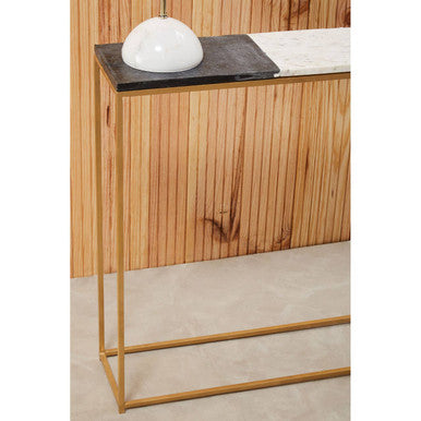 White and Black Marble Console Table with Warm Metallic Frame, Corra