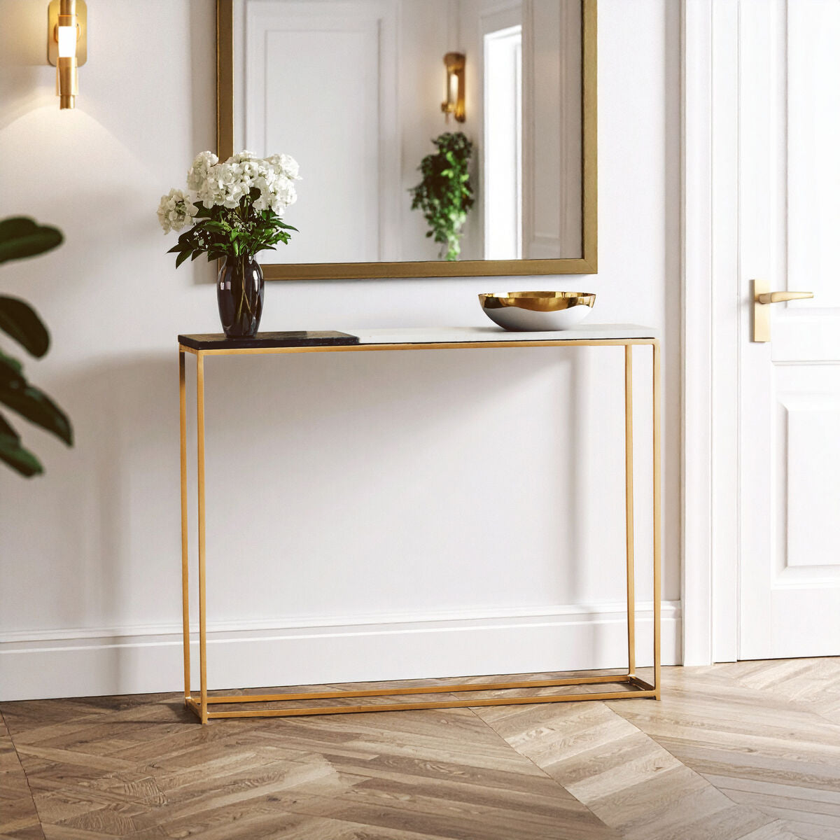 White and Black Marble Console Table with Warm Metallic Frame, Corra